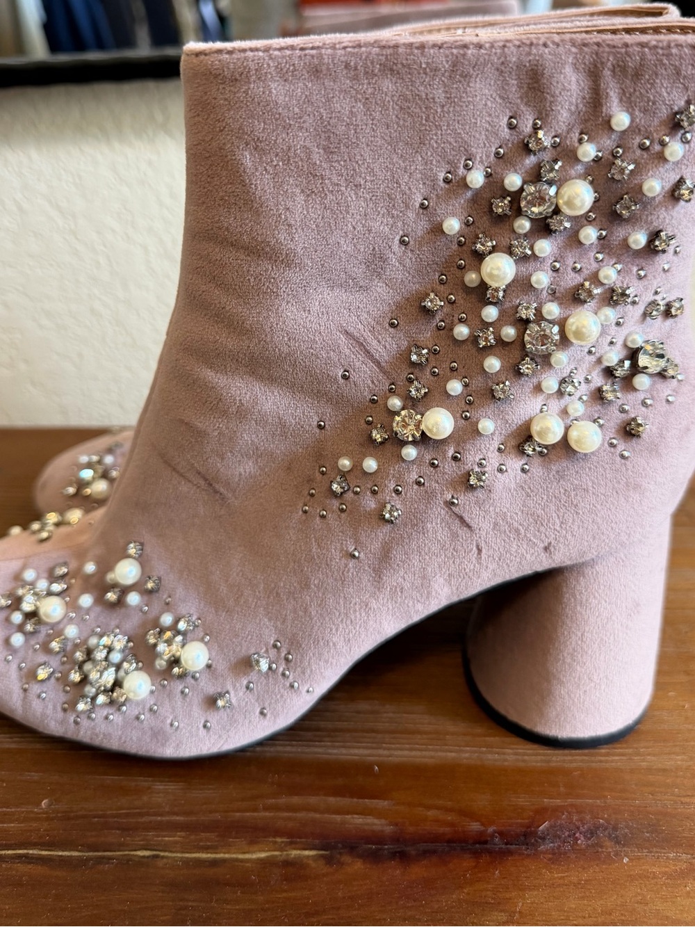 Zara Blush Pink Suede Pearl & Crystal Embellished Block Heel Ankle Boots